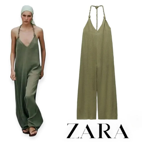 ZARA | Khaki | WOVEN STRAP PALAZZO JUMPSUIT - Picture 1 of 4